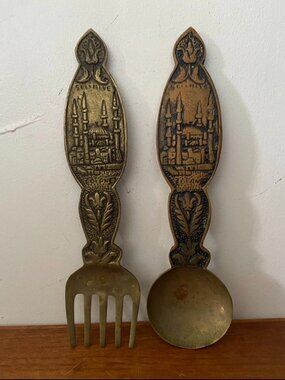 Antique Selimiye Mosque Edirne TURKEY Brass Spoon & Fork Set Wall Decor Vintage